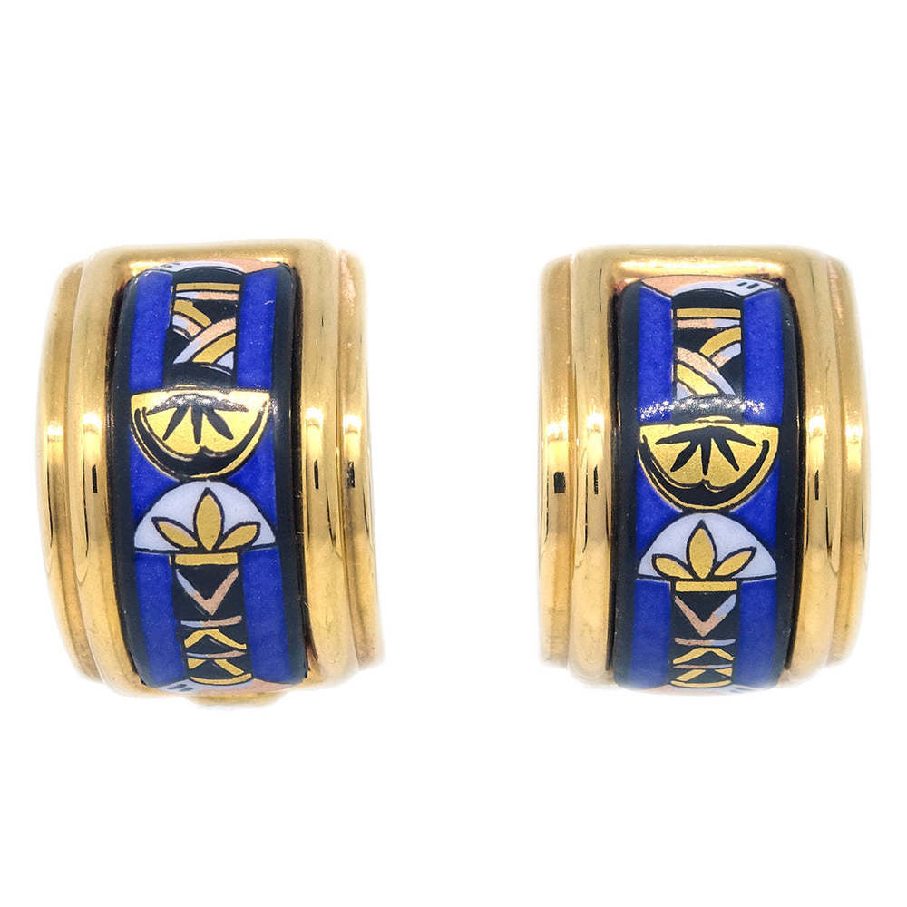 HERMES Blue Gold Enamel Cloisonne Ware Earrings Clip-On 123211